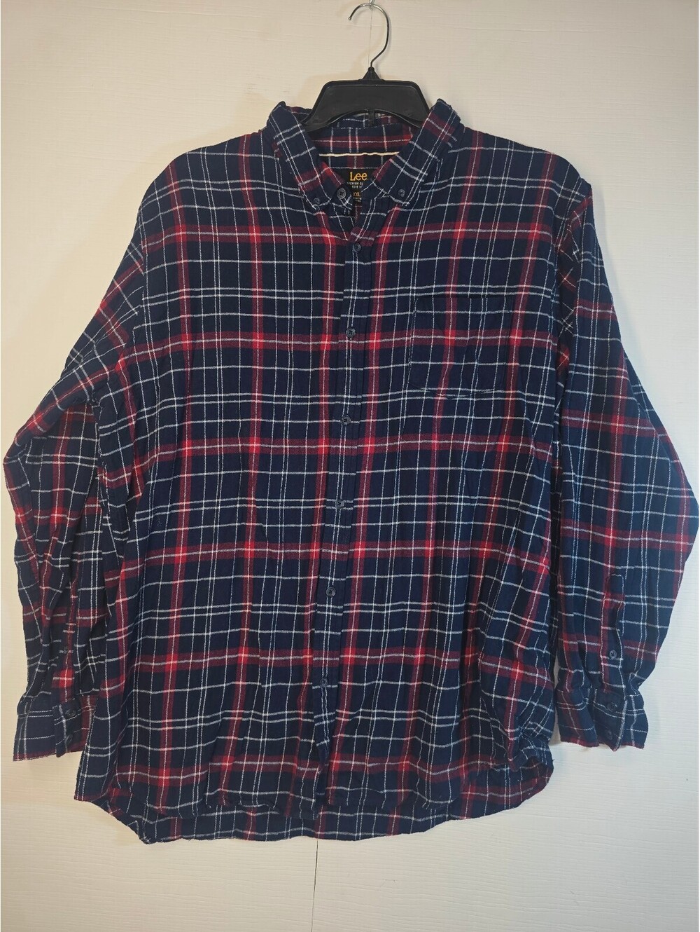 Lee Mens XXL Navy Blue Red White Grid Plaid Flannel Shirt Long Sleeve